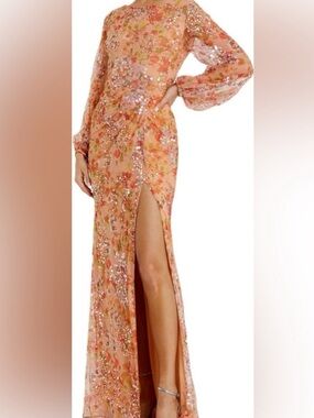 Mac Duggal 93547 Womens FLORAL PRINT SEQUINED PUFF SLEEVE GOWN Size 12